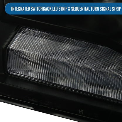 Ronnin - Fits 2009-2018 Ram 1500 2500 3500 2019-2024 Ram 1500 Classic Factory Dual Quad Replacement LED Switchback Sequential Turn Signals Projector Headlights Assembly Pair | Black Smoke