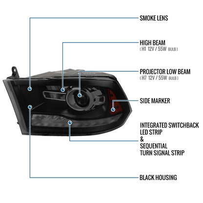 Ronnin - Fits 2009-2018 Ram 1500 2500 3500 2019-2024 Ram 1500 Classic Factory Dual Quad Replacement LED Switchback Sequential Turn Signals Projector Headlights Assembly Pair | Black Smoke