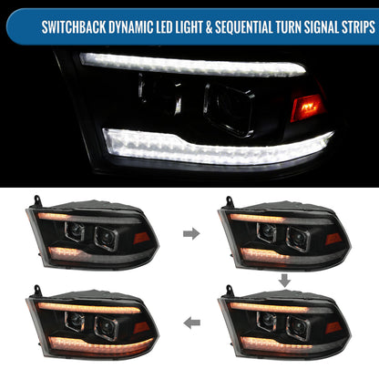 Ronnin - Fits 2009-2018 Ram 1500 2500 3500 2019-2024 Ram 1500 Classic Halogen Dual Projector Headlights  LED Switchback Sequential Signal + Animated Startup Effect Parking Assembly Pair | Black Smoke