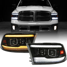 Ronnin - Fits 2009-2018 Ram 1500 2500 3500 2019-2024 Ram 1500 Classic Halogen Dual Projector Headlights  LED Switchback Sequential Signal + Animated Startup Effect Parking Assembly Pair | Black Smoke