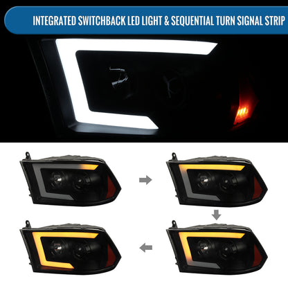 Ronnin - Fits 2009-2018 Ram 1500 2500 3500 2019-2024 Ram 1500 Classic Halogen Projector Headlights LED Tube Switchback Sequential Turn Signal Lights Assembly Pair | Black Smoke