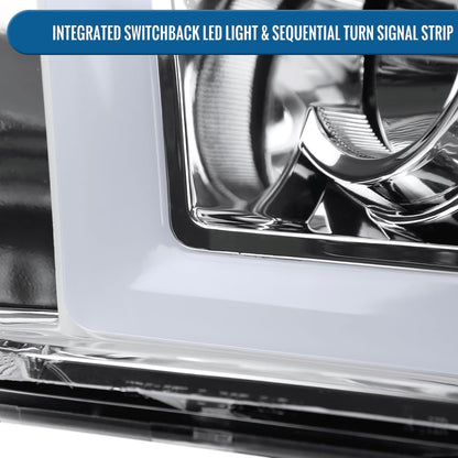 Ronnin - Fits 2009-2018 Ram 1500 2500 3500 2019-2024 Ram 1500 Classic Halogen Projector Headlights LED Tube Switchback Sequential Turn Signal Lights Assembly Pair | Chrome
