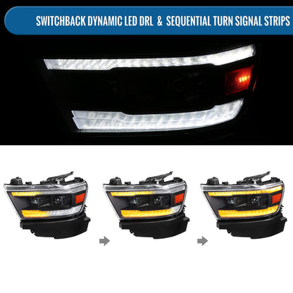 Ronnin - Fits 2019-2024 Ram 1500 Halogen Dual Projector Headlights LED Switchback Sequential Turn Signal + Animated Startup Effect Assembly Pair | Black