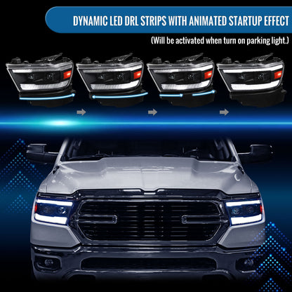 Ronnin - Fits 2019-2024 Ram 1500 Halogen Dual Projector Headlights LED Switchback Sequential Turn Signal + Animated Startup Effect Assembly Pair | Black