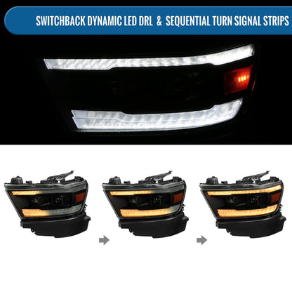 Ronnin - Fits 2019-2024 Ram 1500 Halogen Dual Projector Headlights LED Switchback Sequential Turn Signal + Animated Startup Effect Assembly Pair | Black Smoke