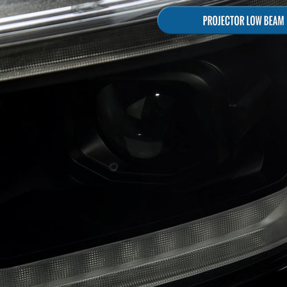 Ronnin - Fits 2019-2024 Ram 1500 Halogen Dual Projector Headlights LED Switchback Sequential Turn Signal + Animated Startup Effect Assembly Pair | Black Smoke