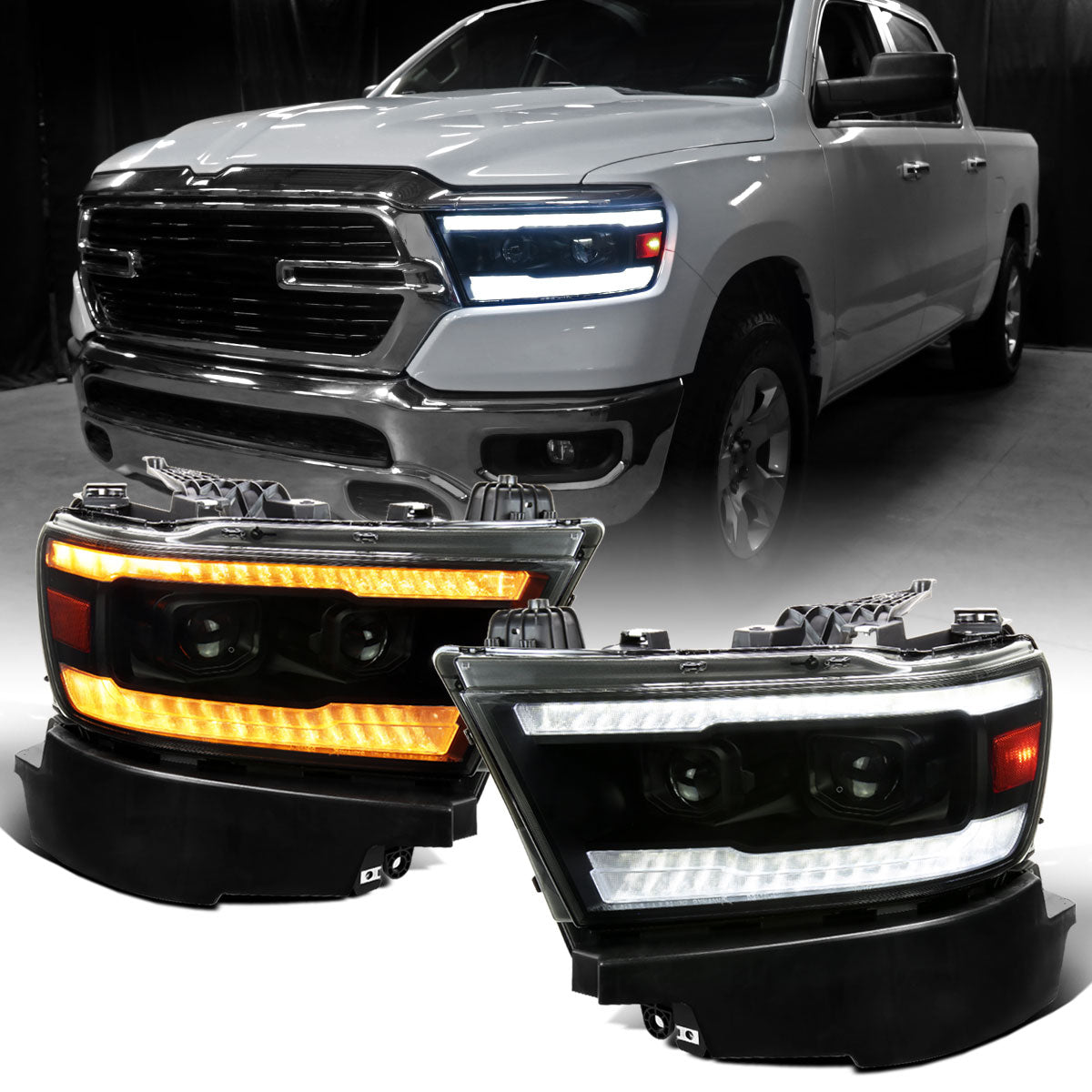 Ronnin - Fits 2019-2024 Ram 1500 Halogen Dual Projector Headlights LED Switchback Sequential Turn Signal + Animated Startup Effect Assembly Pair | Black Smoke