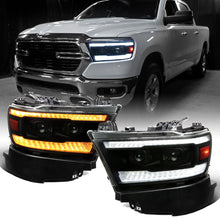 Ronnin - Fits 2019-2024 Ram 1500 Halogen Dual Projector Headlights LED Switchback Sequential Turn Signal + Animated Startup Effect Assembly Pair | Black Smoke