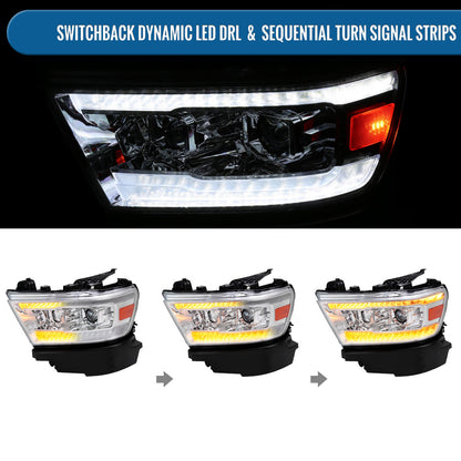 Ronnin - Fits 2019-2024 Ram 1500 Halogen Dual Projector Headlights LED Switchback Sequential Turn Signal + Animated Startup Effect Assembly Pair | Chrome