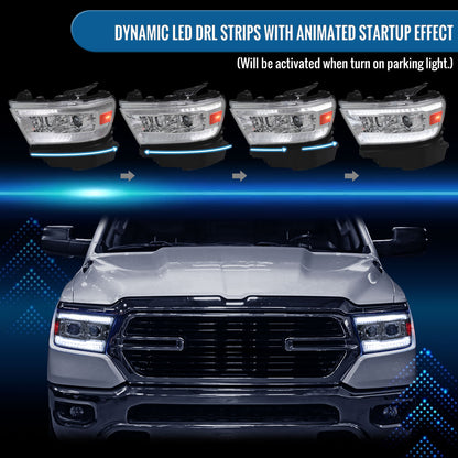 Ronnin - Fits 2019-2024 Ram 1500 Halogen Dual Projector Headlights LED Switchback Sequential Turn Signal + Animated Startup Effect Assembly Pair | Chrome