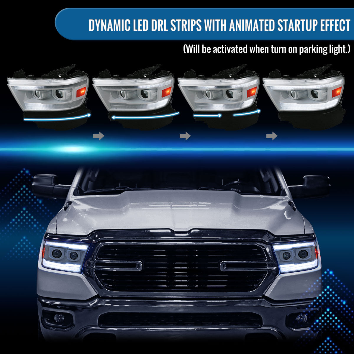 Ronnin - Fits 2019-2024 Ram 1500 Halogen Dual Projector Headlights LED Switchback Sequential Turn Signal + Animated Startup Effect Assembly Pair | White