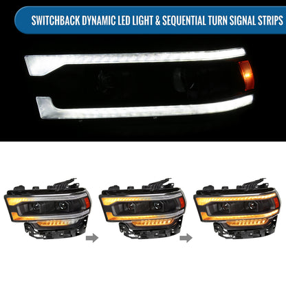 Ronnin - Fits 2019-2024 Ram 2500 3500 4500 5500 Upgraded Halogen Dual Projector Headlights LED Switchback Sequential Turn Signal + Animated Startup Effect Assembly Pair | Black