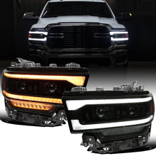 Ronnin - Fits 2019-2024 Ram 2500 3500 4500 5500 Upgraded Halogen Dual Projector Headlights LED Switchback Sequential Turn Signal + Animated Startup Effect Assembly Pair | Black Smoke