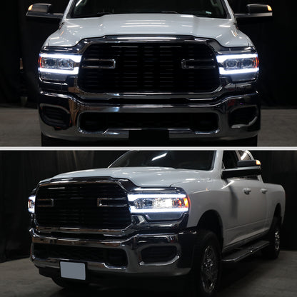 Ronnin - Fits 2019-2024 Ram 2500 3500 4500 5500 Upgraded Halogen Dual Projector Headlights LED Switchback Sequential Turn Signal + Animated Startup Effect Assembly Pair | Chrome