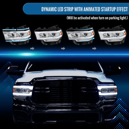 Ronnin - Fits 2019-2024 Ram 2500 3500 4500 5500 Upgraded Halogen Dual Projector Headlights LED Switchback Sequential Turn Signal + Animated Startup Effect Assembly Pair | Chrome