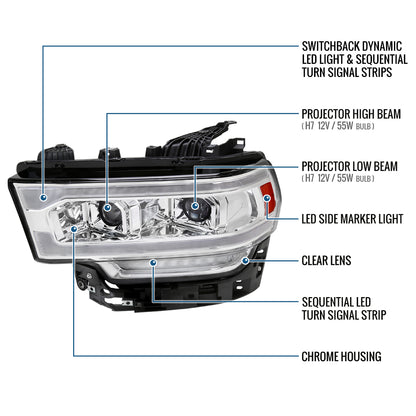 Ronnin - Fits 2019-2024 Ram 2500 3500 4500 5500 Upgraded Halogen Dual Projector Headlights LED Switchback Sequential Turn Signal + Animated Startup Effect Assembly Pair | Chrome