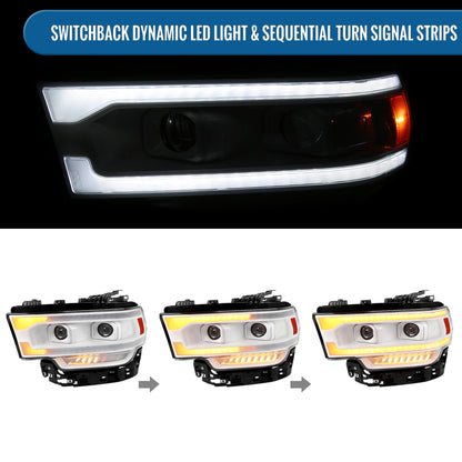 Ronnin - Fits 2019-2024 Ram 2500 3500 4500 5500 Upgraded Halogen Dual Projector Headlights LED Switchback Sequential Turn Signal + Animated Startup Effect Assembly Pair | White