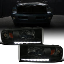 Ronnin - Fits 1994-2002 Ram 1500 2500 3500 Projector Headlights LED Running Lights Assembly Pair | Black Smoke