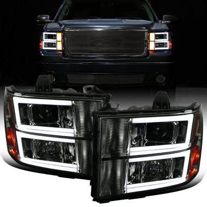Ronnin - Fits 2007-2014 GMC Sierra 1500 1500HD 2500HD 3500HD Denali Upgraded Replacement LED Tube Projector Headlights Assembly Pair | Smoke