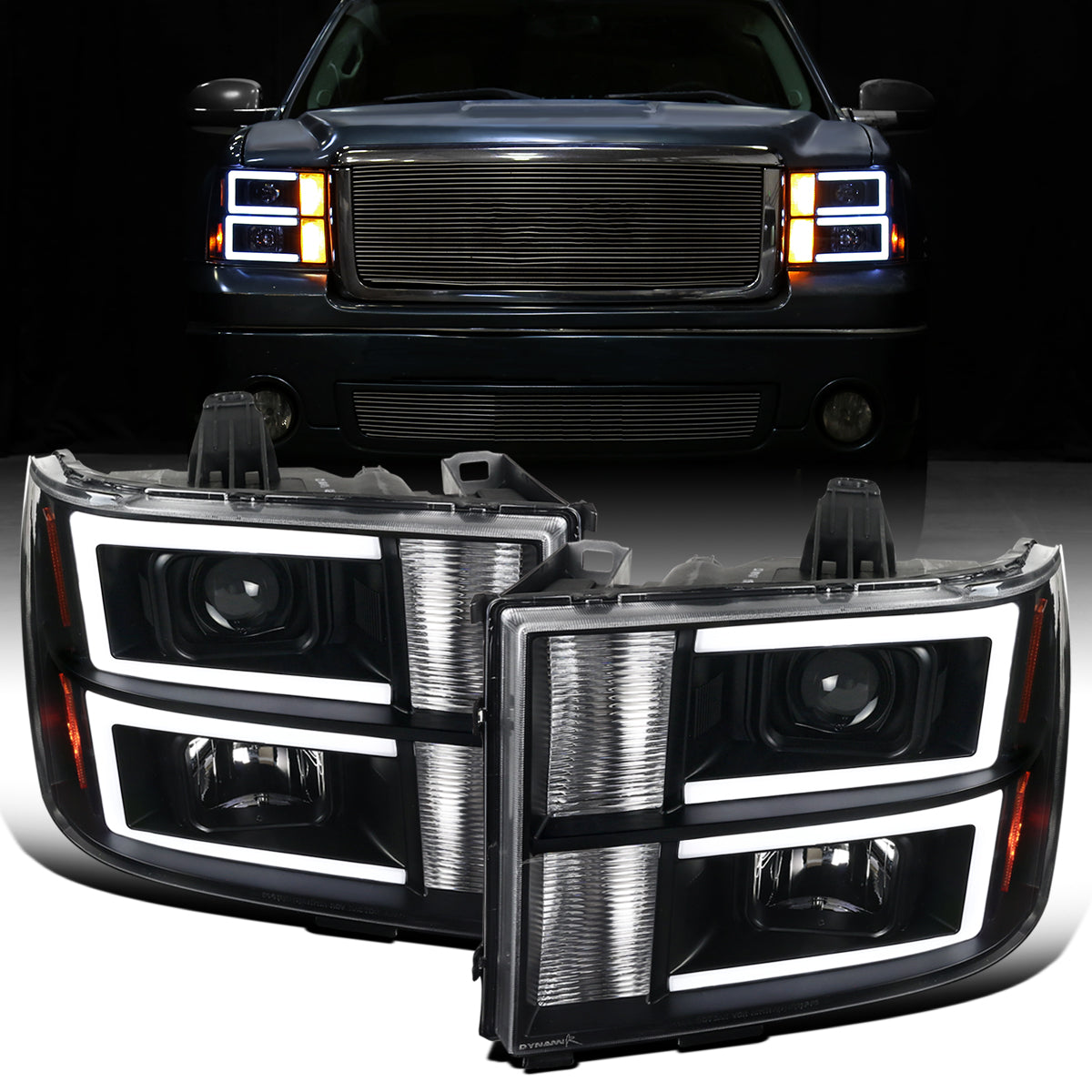 Ronnin - Fits 2007-2014 GMC Sierra 1500 1500HD 2500HD 3500HD Denali Upgraded Replacement LED Tube Projector Headlights Assembly Pair | Black