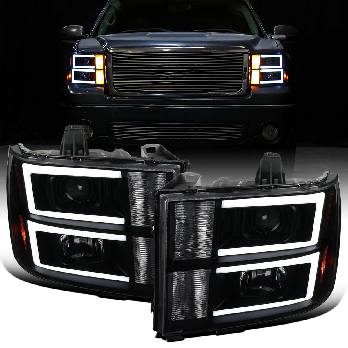 Ronnin - Fits 2007-2014 GMC Sierra 1500 1500HD 2500HD 3500HD Denali Upgraded Replacement LED Tube Projector Headlights Assembly Pair | Black Smoke