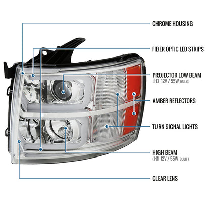 Ronnin - Fits 2007-2013 Chevy Silverado 1500 2007-2014 2500HD 3500HD Pickup Truck Upgraded Replacement LED Tube Projector Headlights Assembly Pair | Chrome