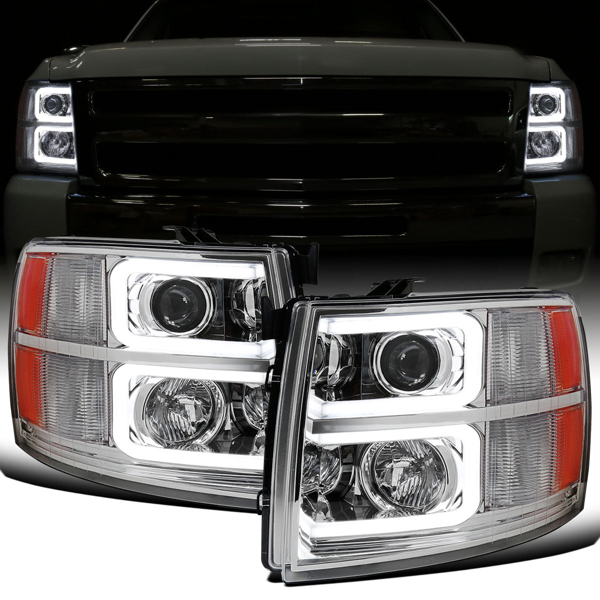 Ronnin - Fits 2007-2013 Chevy Silverado 1500 2007-2014 2500HD 3500HD Pickup Truck Upgraded Replacement LED Tube Projector Headlights Assembly Pair | Chrome
