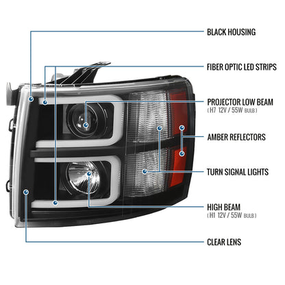 Ronnin - Fits 2007-2013 Chevy Silverado 1500 2007-2014 2500HD 3500HD Pickup Truck Upgraded Replacement LED Tube Projector Headlights Assembly Pair | Black