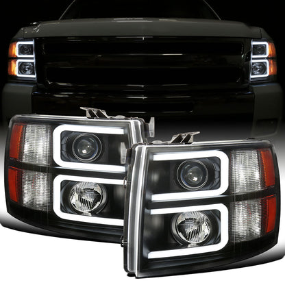 Ronnin - Fits 2007-2013 Chevy Silverado 1500 2007-2014 2500HD 3500HD Pickup Truck Upgraded Replacement LED Tube Projector Headlights Assembly Pair | Black