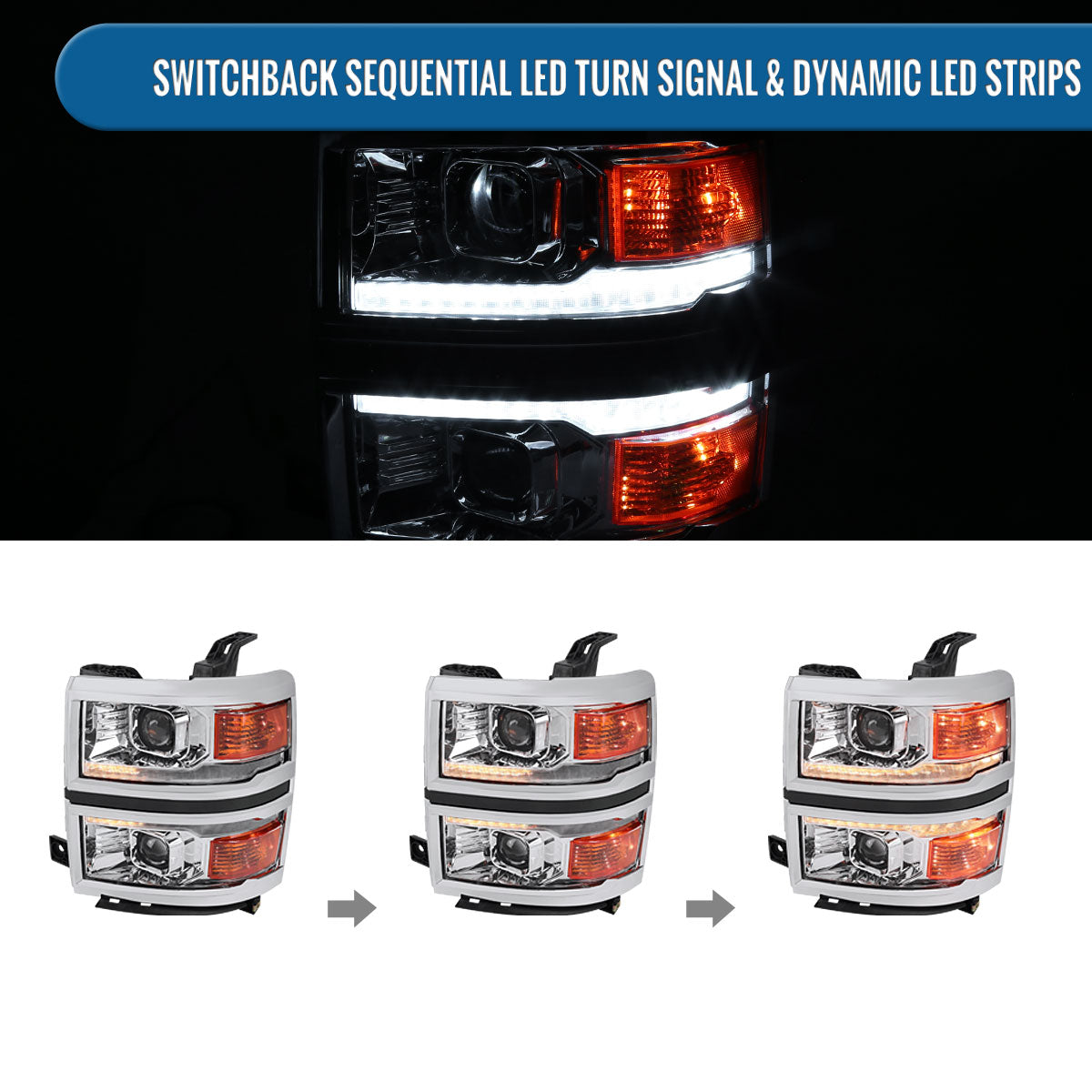 Ronnin - Fits 2014-2015 Chevy Silverado 1500 Upgraded Dual Projector Headlights LED Switchback Sequential Turn Signals + Animated Startup Effect Assembly Pair | Chrome | Chrome Trim
