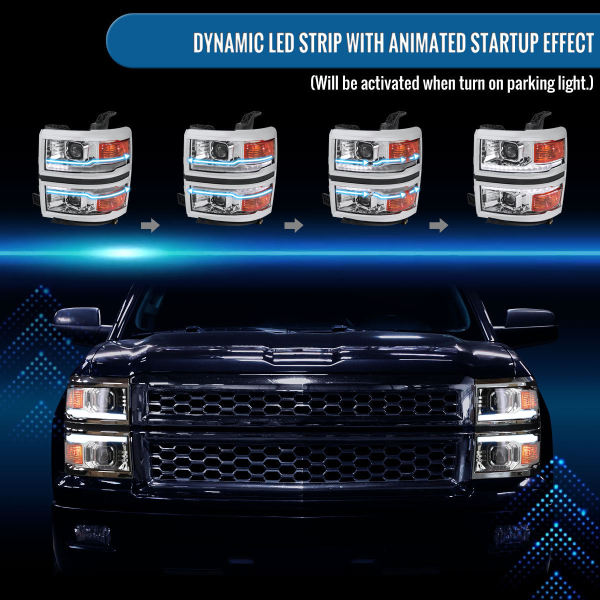 Ronnin - Fits 2014-2015 Chevy Silverado 1500 Upgraded Dual Projector Headlights LED Switchback Sequential Turn Signals + Animated Startup Effect Assembly Pair | Chrome | Chrome Trim