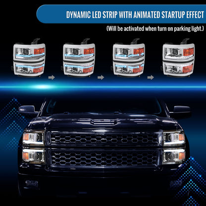 Ronnin - Fits 2014-2015 Chevy Silverado 1500 Upgraded Dual Projector Headlights LED Switchback Sequential Turn Signals + Animated Startup Effect Assembly Pair | Chrome | Chrome Trim