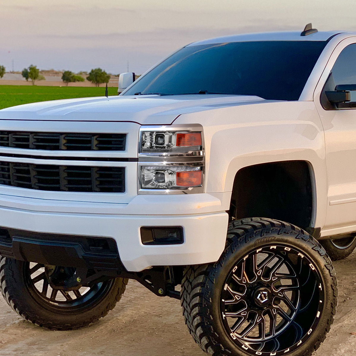 Ronnin - Fits 2014-2015 Chevy Silverado 1500 Upgraded Dual Projector Headlights LED Switchback Sequential Turn Signals + Animated Startup Effect Assembly Pair | Chrome | Chrome Trim