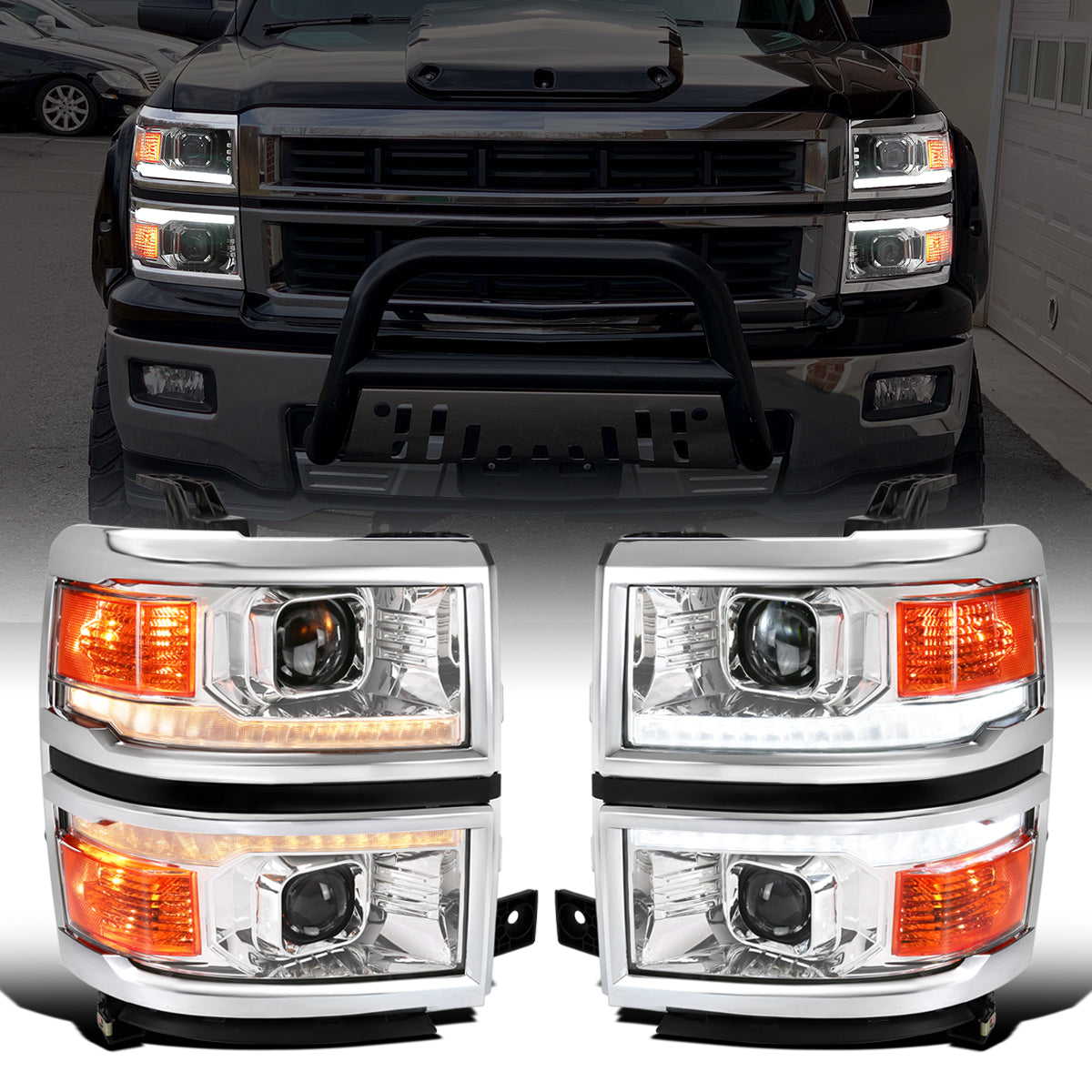 Ronnin - Fits 2014-2015 Chevy Silverado 1500 Upgraded Dual Projector Headlights LED Switchback Sequential Turn Signals + Animated Startup Effect Assembly Pair | Chrome | Chrome Trim