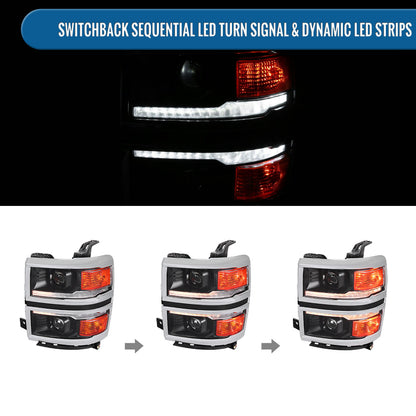 Ronnin - Fits 2014-2015 Chevy Silverado 1500 Upgraded Dual Projector Headlights LED Switchback Sequential Turn Signals + Animated Startup Effect Assembly Pair | Black | Chrome Trim