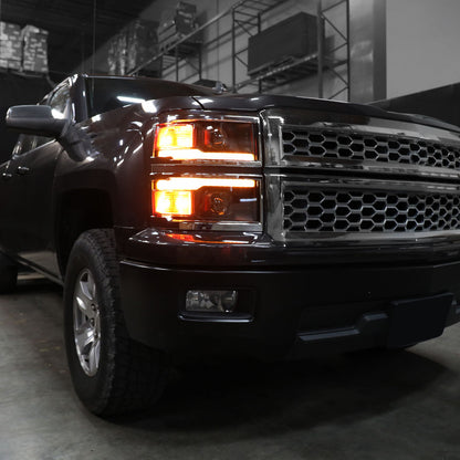 Ronnin - Fits 2014-2015 Chevy Silverado 1500 Upgraded Dual Projector Headlights LED Switchback Sequential Turn Signals + Animated Startup Effect Assembly Pair | Black | Chrome Trim