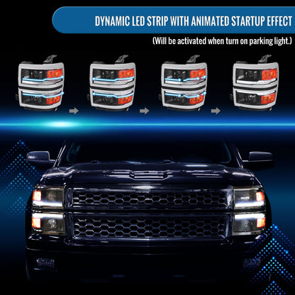 Ronnin - Fits 2014-2015 Chevy Silverado 1500 Upgraded Dual Projector Headlights LED Switchback Sequential Turn Signals + Animated Startup Effect Assembly Pair | Black | Chrome Trim