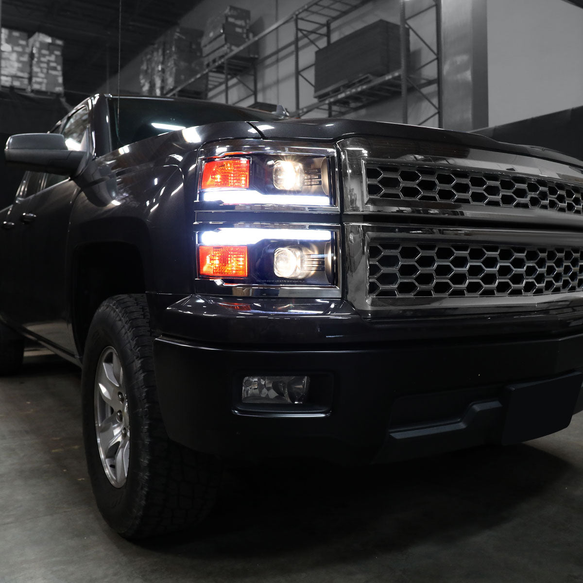 Ronnin - Fits 2014-2015 Chevy Silverado 1500 Upgraded Dual Projector Headlights LED Switchback Sequential Turn Signals + Animated Startup Effect Assembly Pair | Black | Chrome Trim