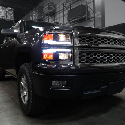 Ronnin - Fits 2014-2015 Chevy Silverado 1500 Upgraded Dual Projector Headlights LED Switchback Sequential Turn Signals + Animated Startup Effect Assembly Pair | Black | Chrome Trim