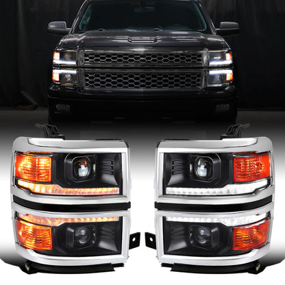 Ronnin - Fits 2014-2015 Chevy Silverado 1500 Upgraded Dual Projector Headlights LED Switchback Sequential Turn Signals + Animated Startup Effect Assembly Pair | Black | Chrome Trim