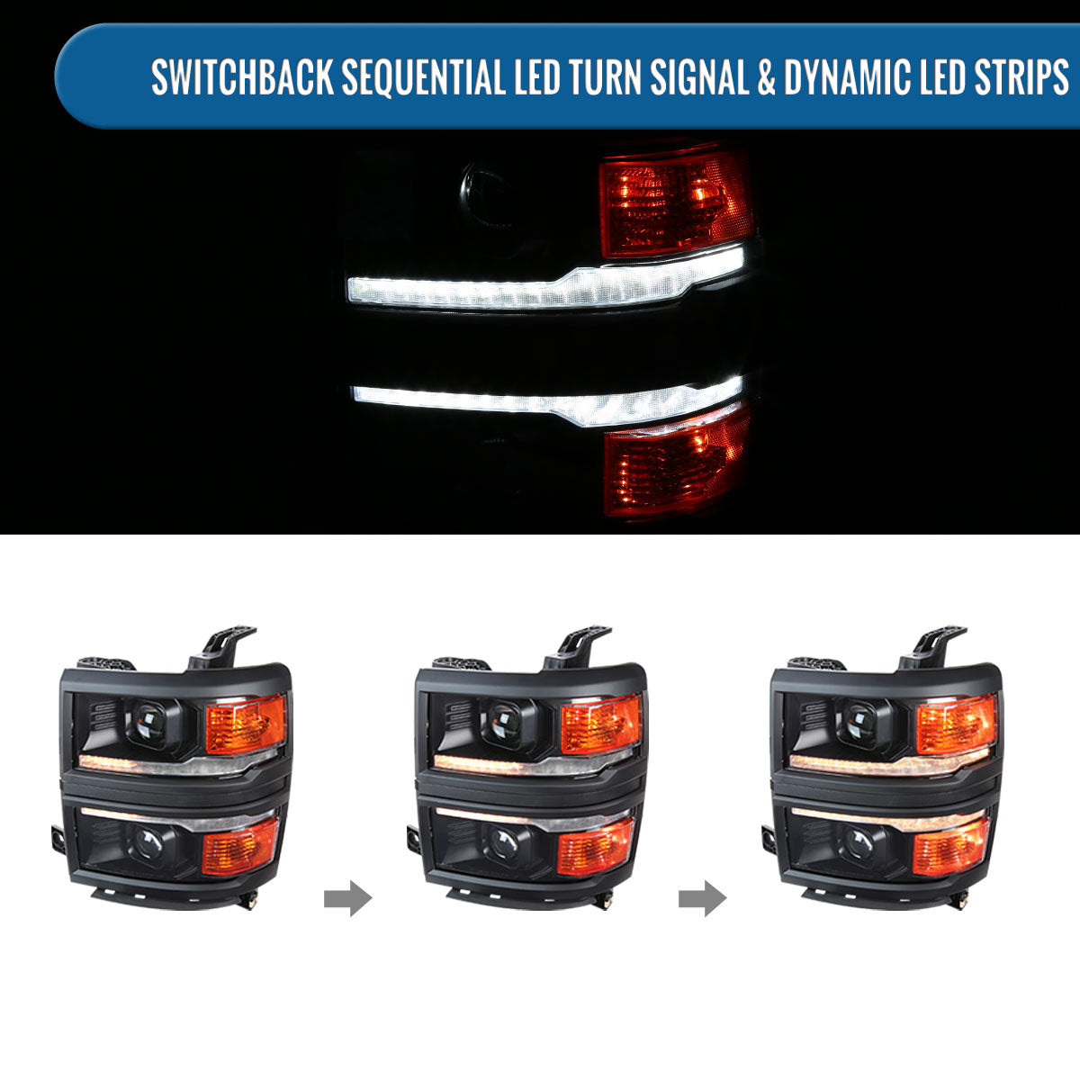 Ronnin - Fits 2014-2015 Chevy Silverado 1500 Upgraded Dual Projector Headlights LED Switchback Sequential Turn Signals + Animated Startup Effect Assembly Pair | Black