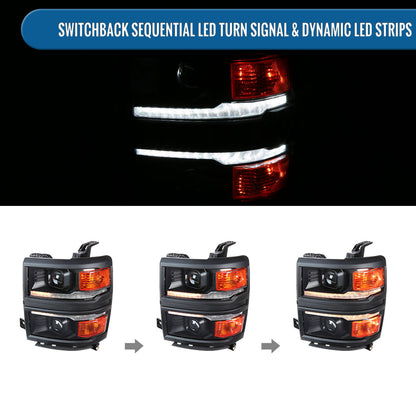 Ronnin - Fits 2014-2015 Chevy Silverado 1500 Upgraded Dual Projector Headlights LED Switchback Sequential Turn Signals + Animated Startup Effect Assembly Pair | Black