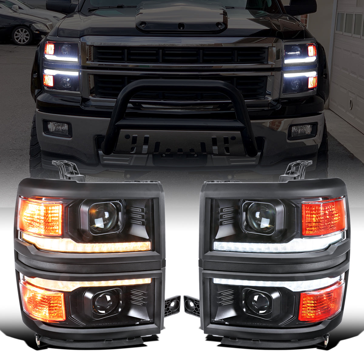 Ronnin - Fits 2014-2015 Chevy Silverado 1500 Upgraded Dual Projector Headlights LED Switchback Sequential Turn Signals + Animated Startup Effect Assembly Pair | Black