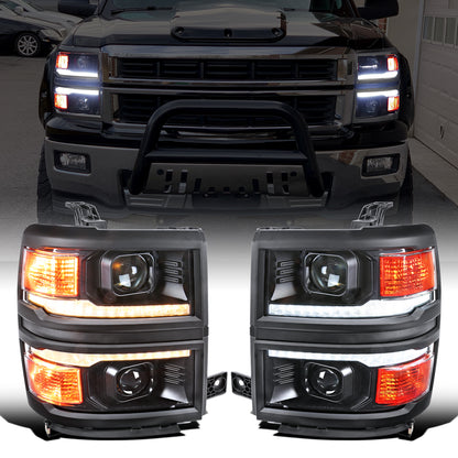 Ronnin - Fits 2014-2015 Chevy Silverado 1500 Upgraded Dual Projector Headlights LED Switchback Sequential Turn Signals + Animated Startup Effect Assembly Pair | Black