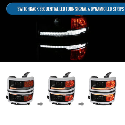 Ronnin - Fits 2014-2015 Chevy Silverado 1500 Upgraded Dual Projector Headlights LED Switchback Sequential Turn Signals + Animated Startup Effect Assembly Pair | Black Smoke | Chrome Trim