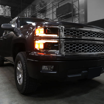 Ronnin - Fits 2014-2015 Chevy Silverado 1500 Upgraded Dual Projector Headlights LED Switchback Sequential Turn Signals + Animated Startup Effect Assembly Pair | Black Smoke | Chrome Trim