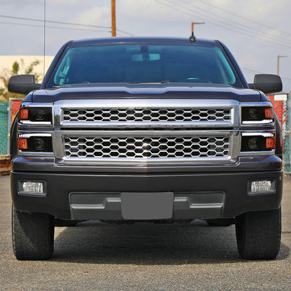 Ronnin - Fits 2014-2015 Chevy Silverado 1500 Upgraded Dual Projector Headlights LED Switchback Sequential Turn Signals + Animated Startup Effect Assembly Pair | Black Smoke | Chrome Trim