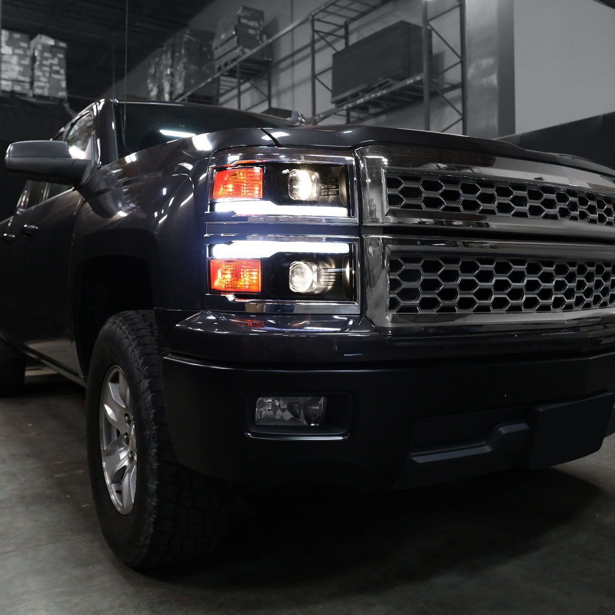 Ronnin - Fits 2014-2015 Chevy Silverado 1500 Upgraded Dual Projector Headlights LED Switchback Sequential Turn Signals + Animated Startup Effect Assembly Pair | Black Smoke | Chrome Trim