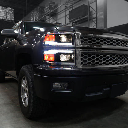 Ronnin - Fits 2014-2015 Chevy Silverado 1500 Upgraded Dual Projector Headlights LED Switchback Sequential Turn Signals + Animated Startup Effect Assembly Pair | Black Smoke | Chrome Trim