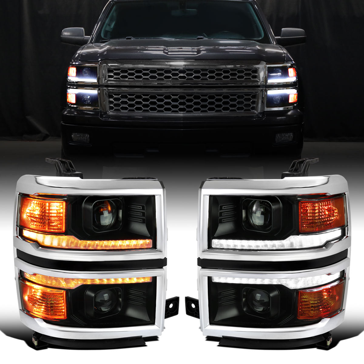 Ronnin - Fits 2014-2015 Chevy Silverado 1500 Upgraded Dual Projector Headlights LED Switchback Sequential Turn Signals + Animated Startup Effect Assembly Pair | Black Smoke | Chrome Trim